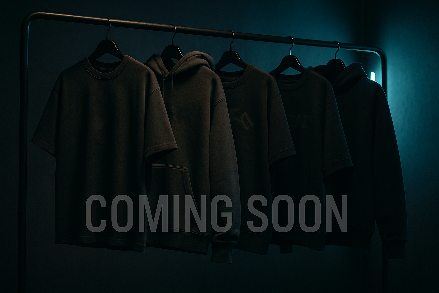 create a hero section with trendy oversized tshirts hannging on bar (hoodies , sweatshirts) with trendy designes in which make some suspens because it is coming soon (designs)  in which make sure that all of these looks esthetic in streetwear style